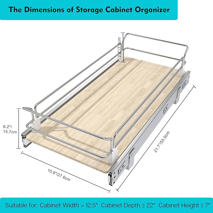 Pull Out Cabinet Organizer 10.87" W X 22" D, Wood & Chromed | Full Slide Out Drawers For Kitchen Cabinets, Cabinets Capacity Heavy Duty Caddy, Cabinet Pullout Shelves , Pantry Storage - Image 2