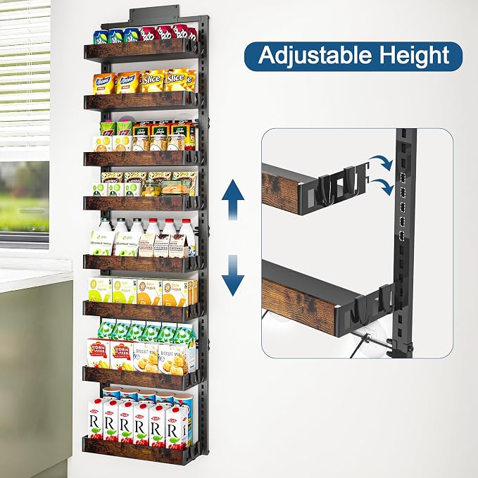 BUKFEN 8-Tier Over the Door Pantry Organizer, Adjustable Wooden Basket | Door & Wall Mounted Spice Rack, 16 Hooks, Heavy-Duty Metal Over Door Organization Storage for Kitchen, Bathroom, Closet - Image 2