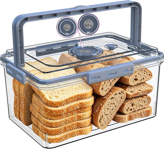 Bread Box With Digital Hygrometer, Portable Bread Boxes with Lid and Handle,New Upgrade Time Recording Bread Storage Container for Homemade Breads,Toast, Bagel, Donut and Cookies,Gifts for Mom Dad by Honbuty