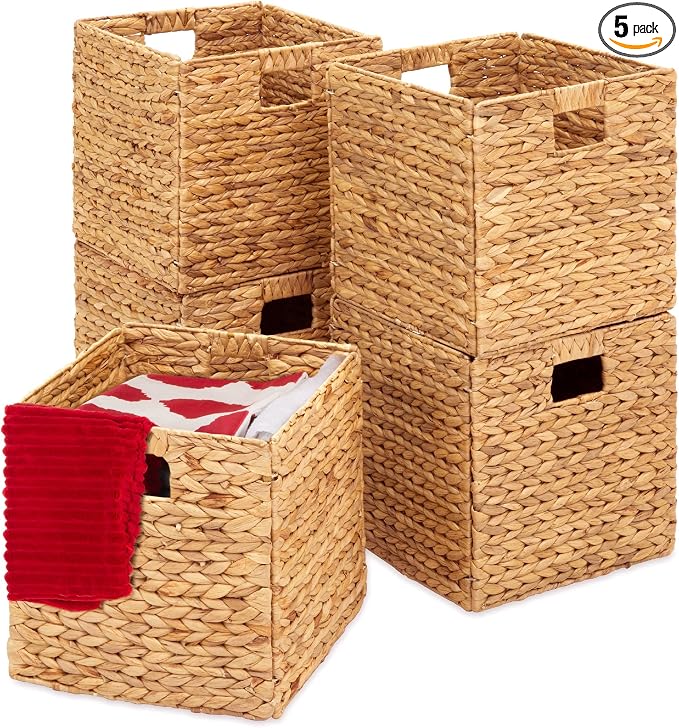 Best Choice Products 10.5x10.5in Pack of 5 Cube Storage Baskets, Water Hyacinth Multipurpose Collapsible Organizers, Handwoven Laundry Totes for Laundry, Living Room, Kids Room & Nursery - Natural by Unknown