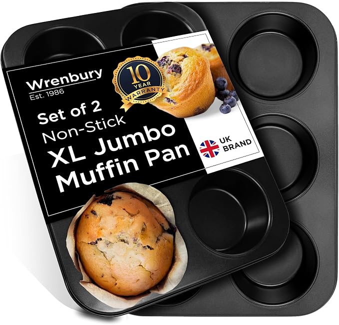Wrenbury Jumbo Muffin Pan 6 Cup Set of 2 - Nonstick XL Deep Muffin Pan for Baking 3.75" Cup - Big Cup Tin - Oversized Extra Large Cupcake Mold - PTFE Free by Wrenbury