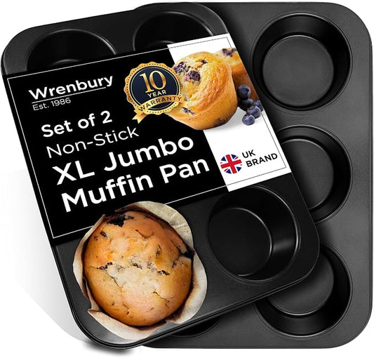 Wrenbury Jumbo Muffin Pan 6 Cup Set of 2 - Nonstick XL Deep Muffin Pan for Baking 3.75" Cup - Big Cup Tin - Oversized Extra Large Cupcake Mold - PTFE Free by Wrenbury