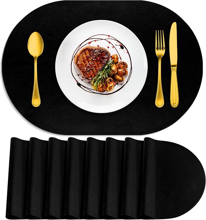 ADRIMER Placemats, Heat Resistant Oval Placemats Set of 8 Washable 12 x 17 Inch, Waterproof Table Mats, Wipeable Pu Place Mats for Kitchen, Dining Room, Black by Adrimersdreamistobeanindispensablecompanioninyourlife