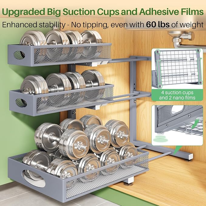 Kitstorack Under Sink Organizer 3-Tier Slide Out Drawer 2-Pack Grey | Height Adjustable, Metal Mesh Storage Rack, Pull out Cabinet Organizer Shelf for Bathroom Kitchen Pantry Home Organization - Image 7
