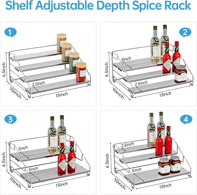 BOIVSHI Spice Organization for Cabinet, Adjustable Depth Spice Shelf | 4 Tiered Spice Rack for Cabinet, Metal Space Saving Spice Organizer for Countertop, Easy Access Spices - Chrome, 2 Pack - Image 6