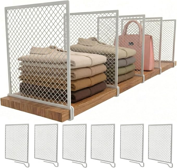 Nexu 6-Pack Metal Mesh Shelf Dividers for Closet Organization, Ultra-Stable Under-Shelf Hook Closet Dividers, Heavy Duty Purse, Handbag & Bag Organizer for Shelving, Clothes, Bedroom, White by Unknown