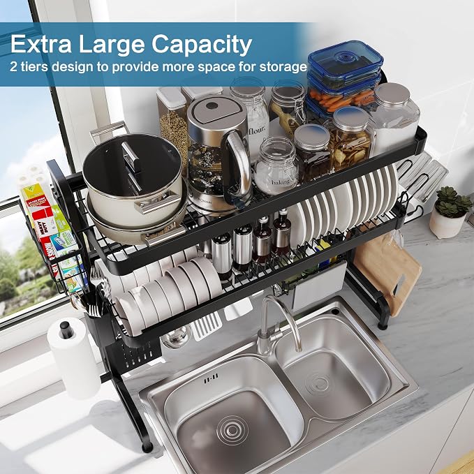 LIVOD Over The Sink Dish Drying Rack,3 Tier Adjustable Length Full Stainless Steel Large Storage Kitchen Dish Rack,for Kitchen Counter Expandable Multifunctional Organizers,Silver(25.5'' to 37.4'') - Image 6