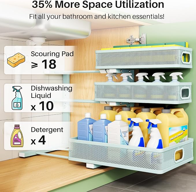 Under Sink Organizer, 2-Pack 3-Tier Height Adjustable Thickened Metal Pull out Cabinet Organizer Shelf, Slide out Storage Drawer Rack for Bathroom Kitchen Pantry Home Organization, LightBlue - Image 4