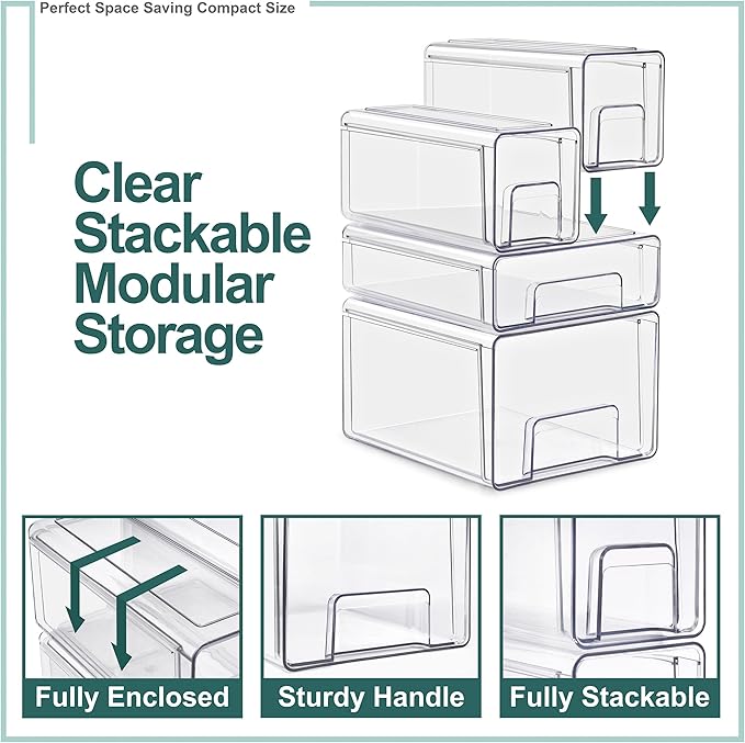 Sorbus 1 Large & 2 Small Clear Stackable Storage Drawers, Plastic Organizer Bins with Handles, Pull-Out Stackable Drawers for Bathroom Closet, Medicine, Cabinet, Pantry Storage, Baby Bottle Organizer - Image 5