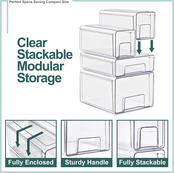 Sorbus 1 Large & 2 Small Clear Stackable Storage Drawers, Plastic Organizer Bins with Handles, Pull-Out Stackable Drawers for Bathroom Closet, Medicine, Cabinet, Pantry Storage, Baby Bottle Organizer - Image 5
