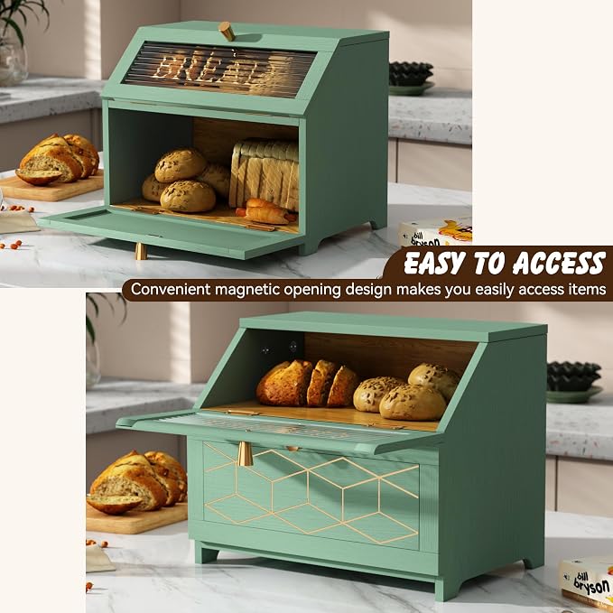 HOLTICO Double Layer Bread Box with Golden Trim for Kitchen Countertop | Wooden Bread Container for Kitchen Counter, Large Capacity Bread Keeper, Farmhouse Food Organizer with Glass Window - Image 3