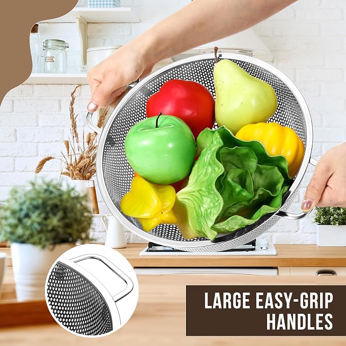 Norme 5 Quart Stainless Steel Silver Colander and 3 Pcs Silver Fine Mesh Strainer, Stainless Steel Pasta Rice Food Metal Strainer with Handles, Easy Clean and Dishwasher Safe - Image 5
