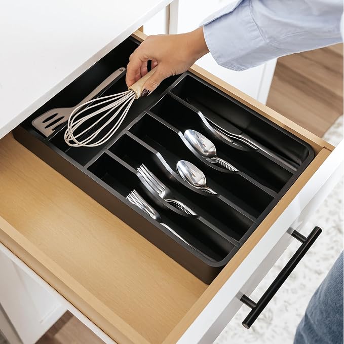 Silverware & Utensil Organizer, Fixed 10.5 in, Black | Cutlery, flatware holder, rounded corners, 7 compartments, non-slip feet, kitchen drawers - Image 7