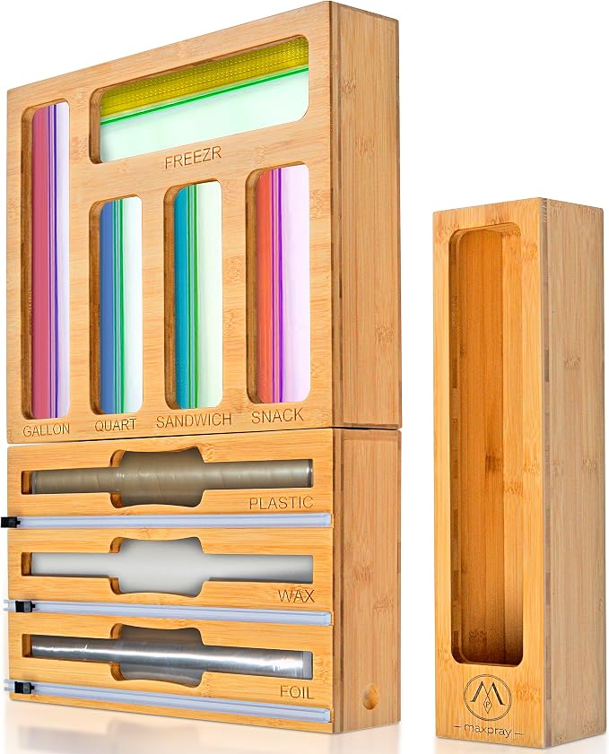 9 in 1 Bamboo Drawer Organizer for Kitchen — Zip Top Bag, Foil and Plastic Wrap Storage with Chalkboard Labels, Fits Gallon Quart Sandwich Snack Bags, Pantry Organization by maxpray
