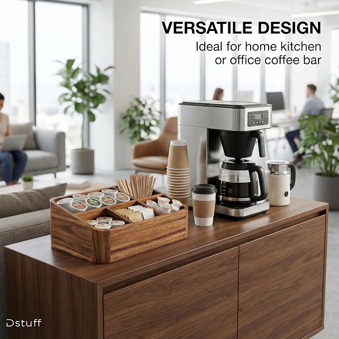 Dstuff Acacia Wood Coffee Station Organizer for Countertop, Tea Organizer and Holder, Coffee Bar Caddy with Multiple Compartments for Home and Office Decor - Image 6