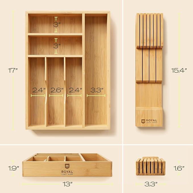 Drawer Organizer with Knife Block for Kitchen Organization, Bamboo Silverware Drawer Organizer, Compact Bamboo Cutlery Tray for Flatware and Utensils, Removable 7-Slot Knife Block for Kitchen Drawers - Image 2