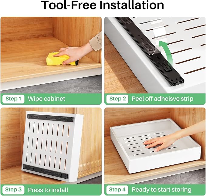 2Pack Pull out Cabinet Organizer, 21"Deep, Heavy Duty Full-extension Slide out Drawers for Kitchen Cabinet, Roll out Shelf Storage with Nano Adhesive for Pots, Bathroom, Pantry, Home, White - Image 7