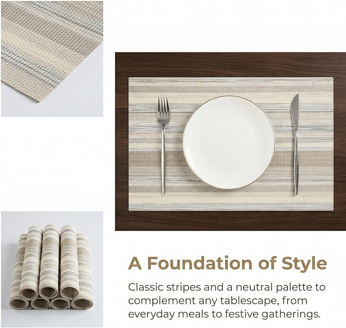 Textile Placemats Set of 6 - Heat Resistant Non-Slip Wipeable Place Mats for Party/Indoor/Outdoor Kitchen Dining Table, Washable Durable Woven Table Mats（Beige, 6） - Image 4