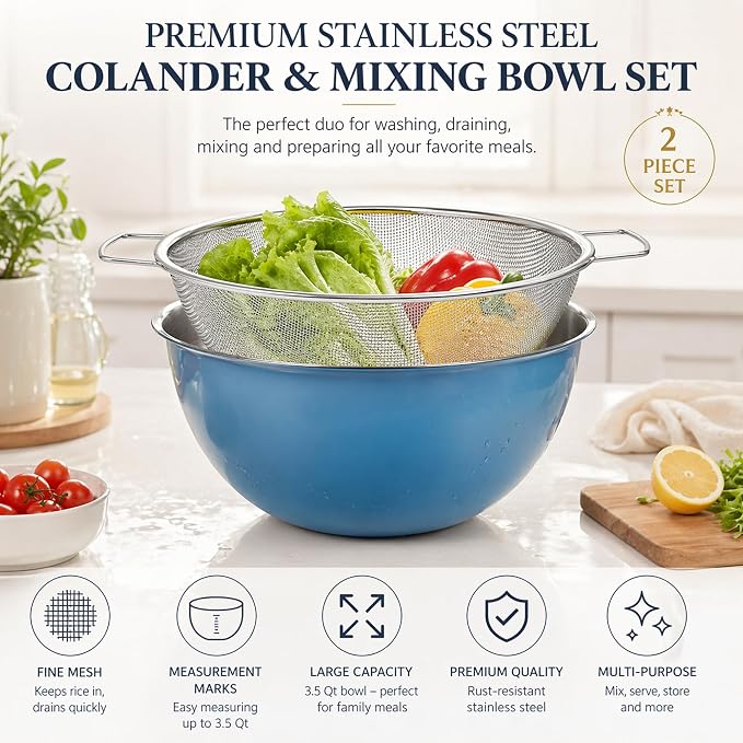 18/8 Stainless Steel Colander with Mixing Bowl, 3.5QT | 1 nesting mixing bowls with measurement marks and 1 fine 30-mesh strainers for rice,vegetables, pasta, baking, and food prep - Image 3