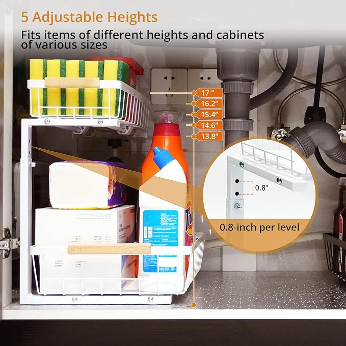Under Sink Organizer, 2 Tier Pull Out Cabinet Organizers and Storage for Kitchen Bathroom Pantry Laundry, Adjustable Height, Slide Out Thickened Metal Storage Shelf (White, 1 Pack) - Image 5