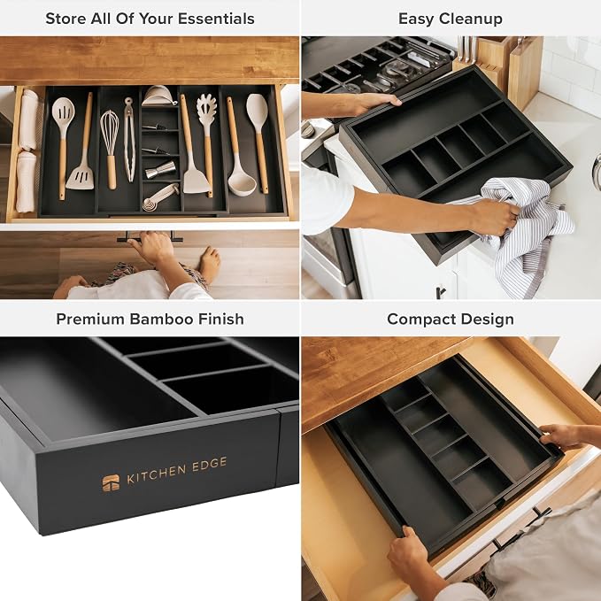 Utensil & Junk Drawer Organizer, 16-28 in, Black Bamboo | Food-safe contract grade, 100% sustainable wood, non-slip, adjustable - Image 3