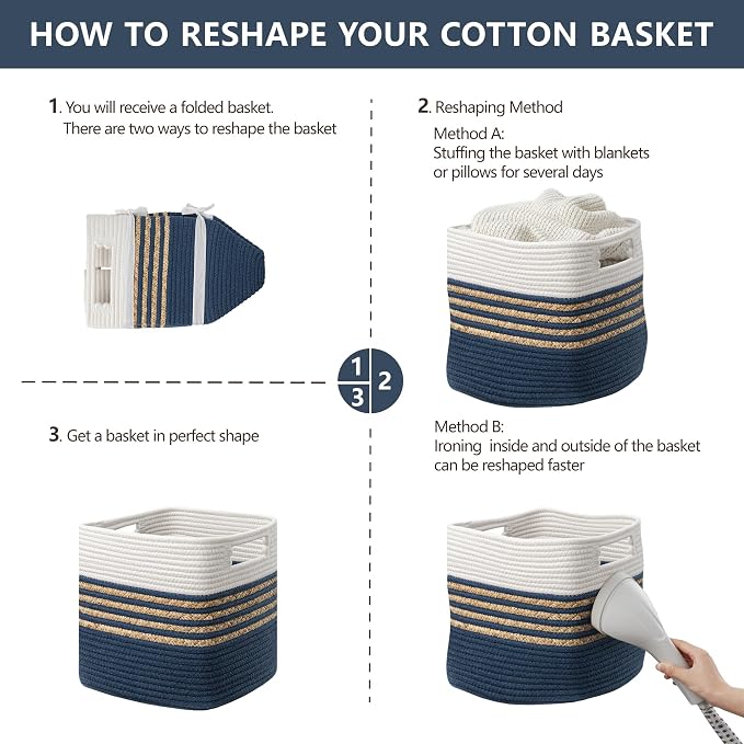 UBBCARE Set of 4 Storage Cubes 11 X 10.5 X 10.5 in, Water Hyacinth Storage Bins for Shelves, Book, Storage Baskets with Handles, Cotton Rope Woven Baskets for Organizing, Blue - Image 7