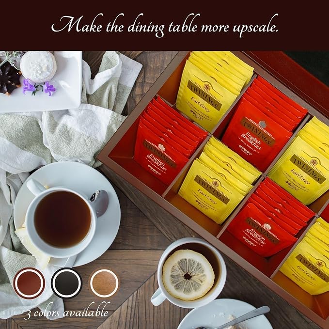 BJOYFUL&LOVED Wooden Tea Box, 8-Compartment Tea Organizer, Walnut Color | Removable Dividers Customize Storage for Tea Bags, Sugar Packets, Coffee Capsules, Jewelry, Watches and Small Accessories - Image 7