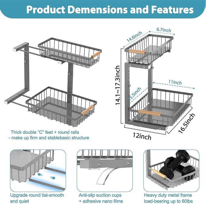 Liuoud Under Sink Organizer 2 Pack, 2 Tier Slide Out Large Capacity Height Adjustable Under Sink Organizers and Storage for Kitchen Bathroom Cabinet, Grey - Image 6