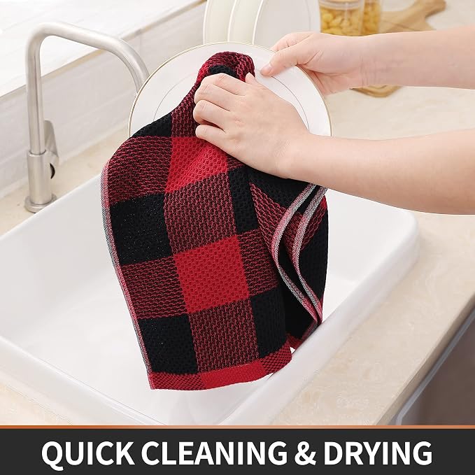 Homaxy Kitchen Towels and Dishcloths Set, Set of 8, Black & Red | Bulk Cotton Waffle Weave Check Plaid Kitchen Towels, Super Soft and Absorbent Dish Cloths, 12 x 12 and 13 x 28 Inches - Image 6