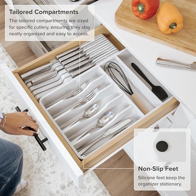 Silverware & Utensil Organizer, Fixed 10.5 in, White | Cutlery, flatware holder, rounded corners, 7 compartments, non-slip feet, kitchen drawers - Image 6