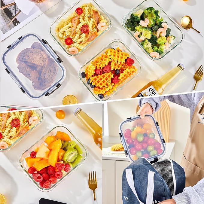 Liuruiyu 10 Pack 21.6oz Glass Food Storage Containers with Lids, Meal Prep Containers, Airtight Bento Boxes with Leak Proof Locking for Microwave, Oven, Freezer and Dishwasher, BPA Free - Image 6