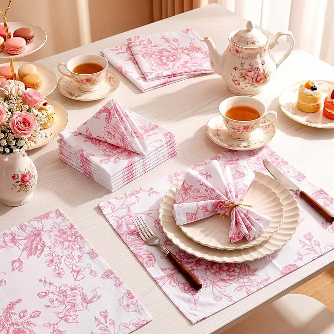 24 Pcs Floral Cloth Napkins 6 Patterns Washable Dinner Tea Party Napkins Reusable Plant Flowers Square Napkin Cotton Towel Decorative for Summer Wildflower Party(Pink Floral) - Image 2