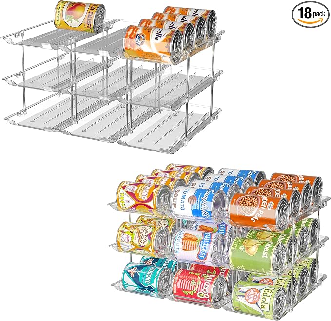 Can Organizer for Pantry, 3 Tier Stackable Rolling Can Storage Rack 2 Pack | Automatic Rolling, Modular Combination, Clear, Holds 72 Cans, Fits Cabinets, Pantry & Fridge, Easy Access, Space Saving by Attelite