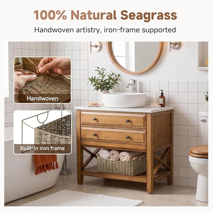 StorageWorks Large Wicker Baskets with Handles, Seagrass Basket, 1-Pack | Baskets for Organizing, Seagrass Storage Basket, Wicker Storage Baskets for Shelves, Rectangular Basket, 16½" x 13" x 7½" - Image 4