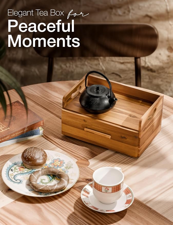 Tinamo Acacia Wooden Tea Box Organizer with Drawer – Tea Chest for Tea Bags Storage – Tea and Coffee Organizer - Wooden Tea Tray and Containers for Countertop Display (Acacia) | Solid Acacia Wood, No assembly, Holds up to 100 tea bags, Non-slip, Smooth... - Image 6
