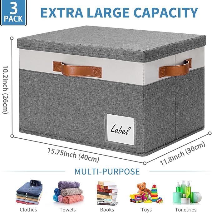 GhvyenntteS Extra Large Storage Bins with Lids, Foldable Fabric Storage Boxes with Lids and Handles, Storage Baskets with Lid and Label for Home Office (3 Pack, Grey, 15.75" x 11.8" x 10.2") - Image 3