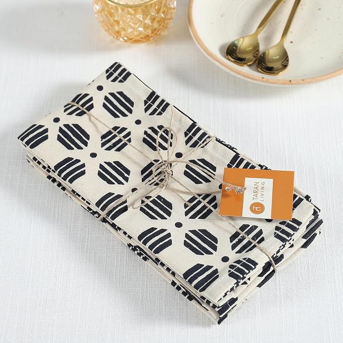 Cotton Cloth Napkins Reusable Fall Dinner Christmas Napkin Set Machine Washable Dish Cloth for New Year Gift, Home Decor - Black & Off White, 18"x18" - Set of 4 - Image 3