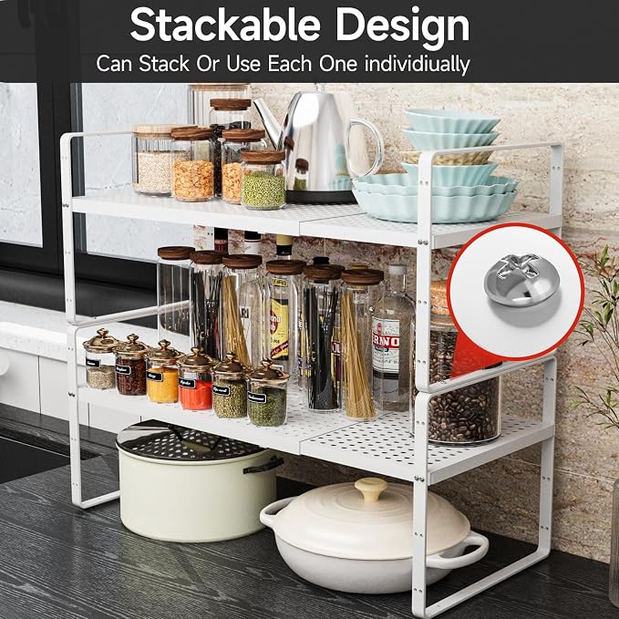 Expandable Cabinet Shelf Organizers, 16.5"~27''L, White | Stackable Metal Shelves, Adjustable Spices Rack Stand, For Kitchen Countertop Storage, For Cupboard Pantry, 8" W x 9.6" H - Image 5