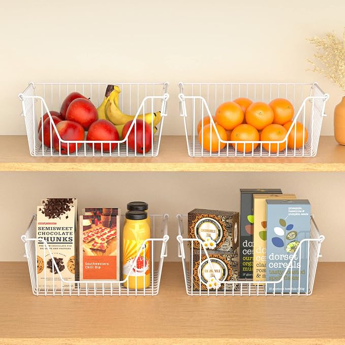 Slideep 14'' Large Stackable Storage Baskets Cabinet Organizer Sturdy Metal Wire Pantry Freezer Bin for Pantry Home Bathroom Kitchen Organization White - 4 Pack - Image 5