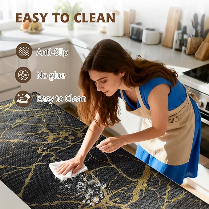 2-Layer Drawer and Shelf Liner for Kitchen Cabinet: 23.6in X 30Ft Non Slip | Waterproof Shelf Paper Non Adhesive Refrigerator Liners Black/Gold Marble Easy Liners for Bathroom with Knife Tape Measure - Image 4