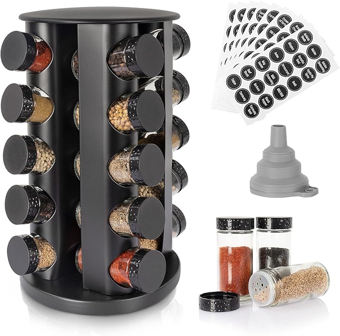 Tianifa Black Countertop Rotating Spice Rack, Round Empty 20-Jars Revolving Spice Rack Organizer, 135 Spice Labels with Funnel Complete Set, for Kitchen Countertop, Cabinet by Tianifa