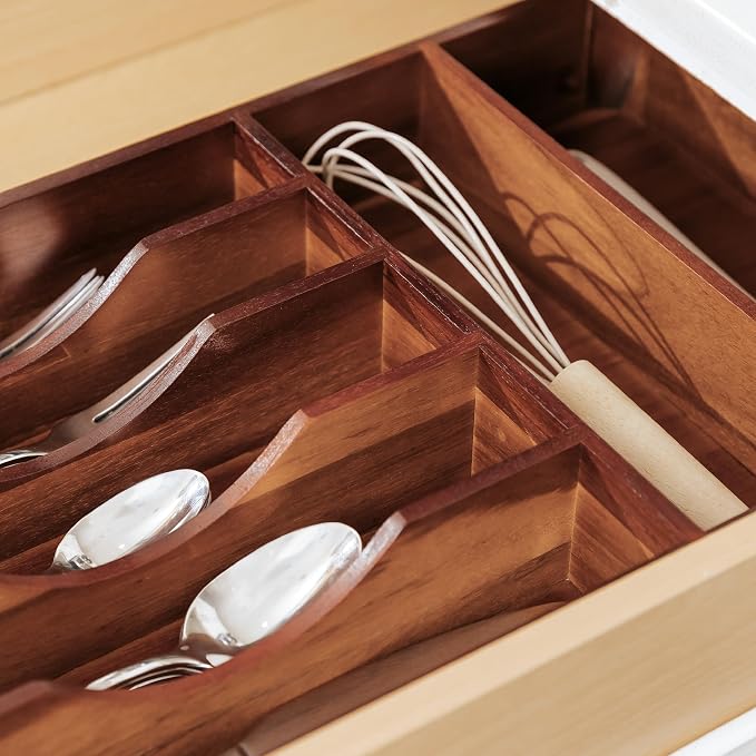 Silverware & Utensil Organizer, Fixed 10.5 in, Acacia | Cutlery, flatware holder, rounded corners, 7 compartments, non-slip feet, kitchen drawers - Image 7