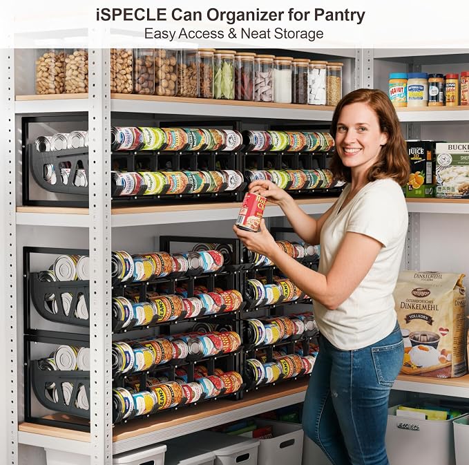 Pantry Can Organizer - Auto-Rolling, Expandable, Holds 120 Cans | Stackable For Walk-in Deep Pantry Shelf, Adjustable Width for Food Cans, Sturdy Metal Frame, Easy Access & Restocking, Black - Image 2