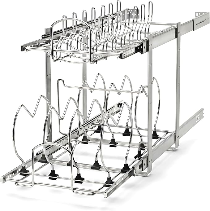 Rev-A-Shelf Dual Kitchen Cabinet Pullout Organizer, Min Open Width of 11.5" | 2-Tier U-Shaped Cookware Storage Rack for Pots, Pans, and Lid Cookware, Adjustable Heavy Duty Wire, Chrome, 5CW2-1222-CR by Rev-A-Shelf