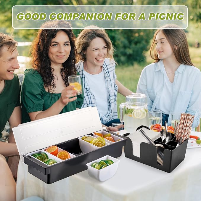 Tessco for you Garnish Tray with Lid Bar Caddy Ice Cooled Condiment Serving Container with Ice Scoop Metal Mini Serving Tongs Fruit Fork Spoons for Food Home Party Kitchen(Plastic,6 Grids) - Image 5