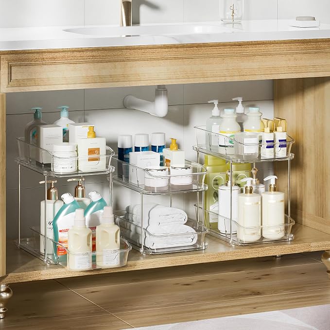 Delamu 2-Tier Under Sink Organizers and Storage, Multi-Purpose Stackable Bathroom Cabinet organizers, Pull Out Kitchen Pantry Organization and Storage with Dividers(3 Pack, Clear) - Image 2