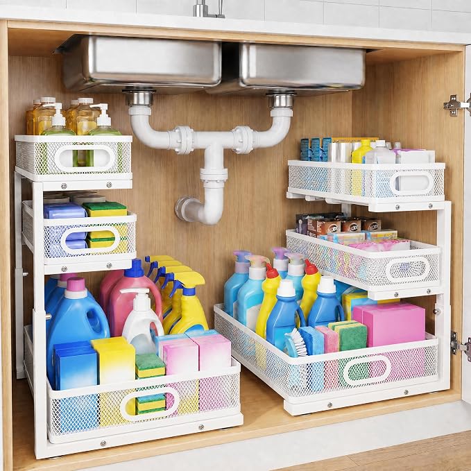 3-Tier Under Sink Organizer 2-Pack Organization for Bathroom Kitchen,White | Thickened Metal Pull Out Cabinet Shelf Height Adjustable Slide Out Drawer Storage Rack for Pantry Laundry Home Office by Unknown
