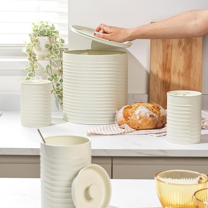Russell Hobbs RH03270CEU7 Ribbed 4-Piece Countertop Set – Set of 3 Kitchen Storage Canisters & Bread Bin, Tea, Coffee and Sugar, Durable Steel, Pull Top Lids, Easy to Clean, Ribbed Design, Cream - Image 5