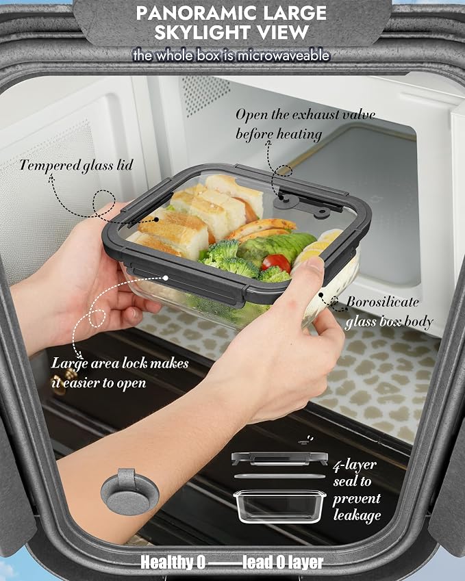 12-Pack Glass Containers with Tempered Lids – Borosilicate, Oven-Safe(-4°F~950°F), Airtight, BPA-Free, Multi-Size for Meal Prep, Dishwasher Safe, 1.6 cups to 6.4 cups (Gray) - Image 5