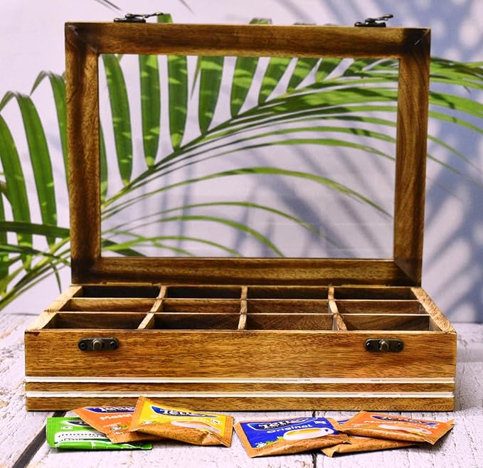 Wooden Tea Box - For Tea Bags Organiser - Engraved Hardwood Tea Chest with12 Compartments - Tea Storage Box Multi Functional - Wood Tea Box Organiser - 12 x 9 x 3 Inch (12 compartment box) - Image 6